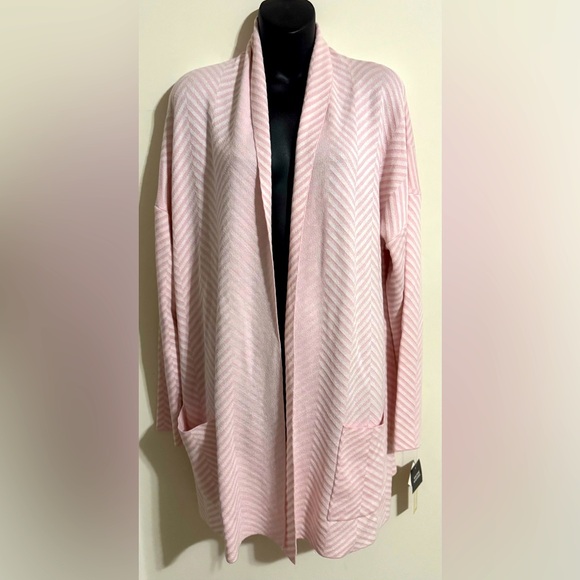 52seven Sweaters - 52seven pink and white horizontal print cardigan with two front pockets size M